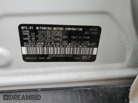 2021 Mitsubishi Outlander ES with VIN JA4APUAU5MU014560, listed as a Copart auction lot 55148675 with 54,469 mi miles and Salvage title. Bid and sale history available at DreamBid. Image 14.