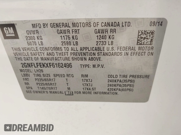 2015 Chevrolet Equinox LT with VIN 2GNFLFEKXF6162496, listed as a IAAI auction lot 42088580 with 178,506 mi miles. Bid and sale history available at carsss.com. Image 9.