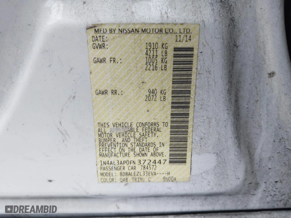 2015 Nissan Altima 2.5 with VIN 1N4AL3AP0FN372447, listed as a IAAI auction lot 41896043 with 111,994 mi miles. Bid and sale history available at carsss.com. Image 9.