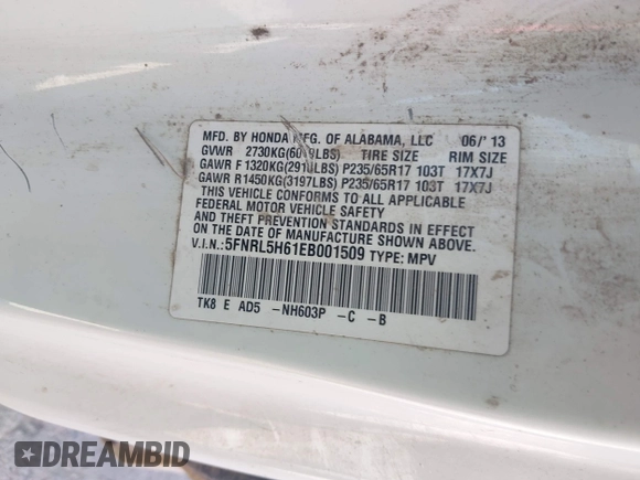 2014 Honda Odyssey EX-L z VIN 5FNRL5H61EB001509, wystawiony jako IAAI lot #42371539 z przebiegiem 259 195 mil mil oraz . Historia ofert i sprzedaży dostępna na DreamBid. Obrazek 9.