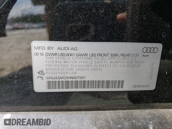 2017 Audi A8 Sport with VIN WAU43AFD3HN007397, listed as a Copart auction lot 54581173 with 77,961 mi miles and Salvage title. Bid and sale history available at DreamBid. Image 14.