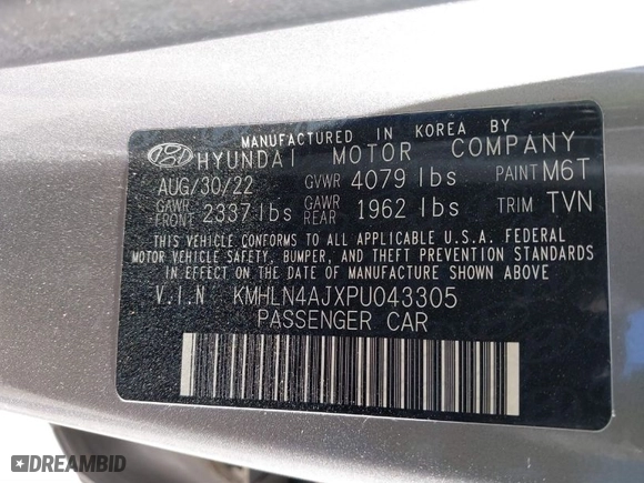2023 Hyundai Elantra Hybrid Limited with VIN KMHLN4AJXPU043305, listed as a IAAI auction lot 41399129 with NaN miles. Bid and sale history available at carsss.com. Image 9.