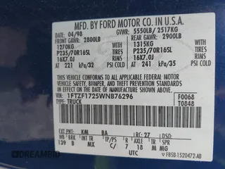 1998 Ford F-150 with VIN 1FTZF1725WNB76296, listed as a IAAI auction lot 42278511 with 223,324 mi miles and . Bid and sale history available at DreamBid. Image 9.