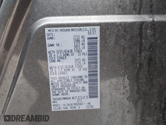2017 Nissan Pathfinder SL with VIN 5N1DR2MM6HC672523, listed as a IAAI auction lot 42165353 with 155,123 mi miles and . Bid and sale history available at DreamBid. Image 9.