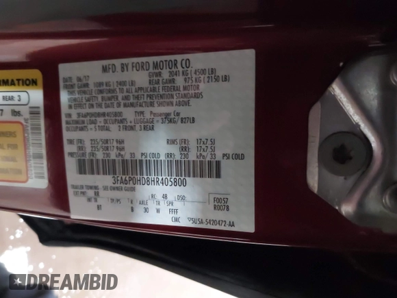 2017 Ford Fusion SE z VIN 3FA6P0HD8HR405800, wystawiony jako IAAI lot #41823918 z przebiegiem 54 034 mil mil oraz . Historia ofert i sprzedaży dostępna na DreamBid. Obrazek 9.