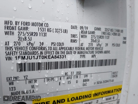 2019 Ford Expedition XLT with VIN 1FMJU1JT0KEA84331, listed as a IAAI auction lot 41800516 with 41,282 mi miles. Bid and sale history available at carsss.com. Image 9.