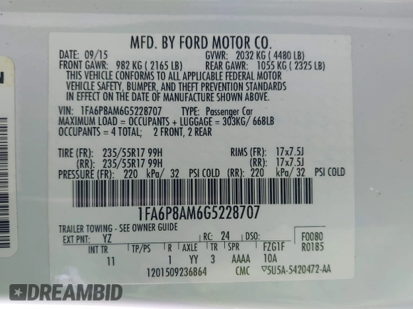 2016 Ford Mustang V6 with VIN 1FA6P8AM6G5228707, listed as a IAAI auction lot 41322180 with Not Provided miles and . Bid and sale history available at carsss.com. Image 9.