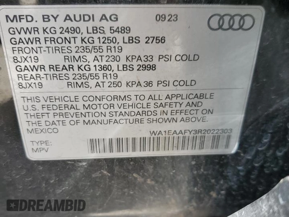 2024 Audi Q5 S line Premium Plus with VIN WA1EAAFY3R2022303, listed as a Copart auction lot 65633044 with 15,363 mi miles and Clean Title. Bid and sale history available at carsss.com. Image 13.