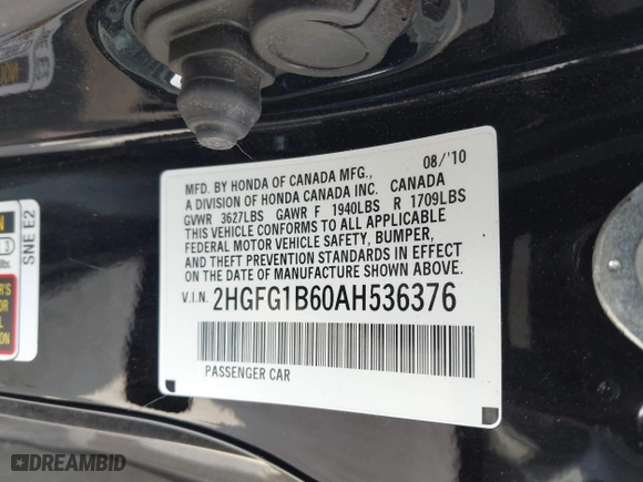 2010 Honda Civic Cpe LX with VIN 2HGFG1B60AH536376, listed as a IAAI auction lot 41905320 with 121,602 mi miles. Bid and sale history available at carsss.com. Image 9.