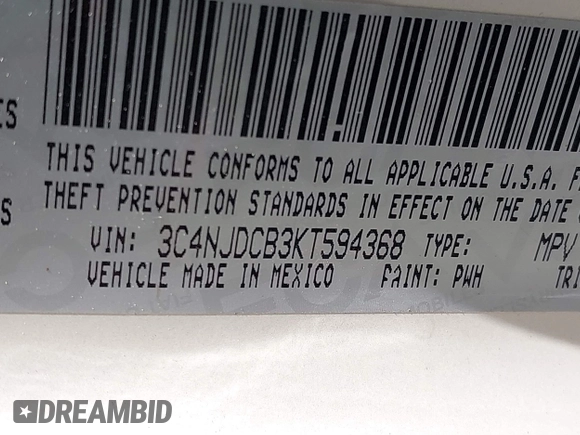 2019 Jeep Compass Limited with VIN 3C4NJDCB3KT594368, listed as a IAAI auction lot 41956414 with 88,198 mi miles and . Bid and sale history available at DreamBid. Image 9.