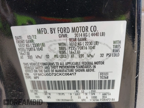 2012 Ford Escape XLT with VIN 1FMCU0D72CKC06417, listed as a IAAI auction lot 42065087 with 177,601 mi miles and . Bid and sale history available at DreamBid. Image 9.