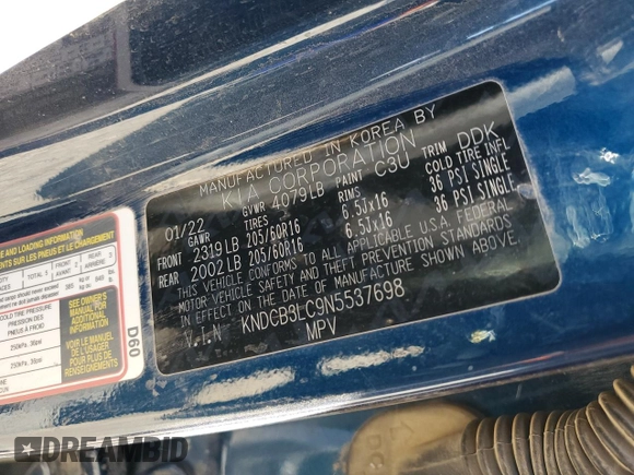 2022 Kia Niro LXS with VIN KNDCB3LC9N5537698, listed as a Copart auction lot 43872755 with 107,052 mi miles and Salvage Title. Bid and sale history available at carsss.com. Image 13.