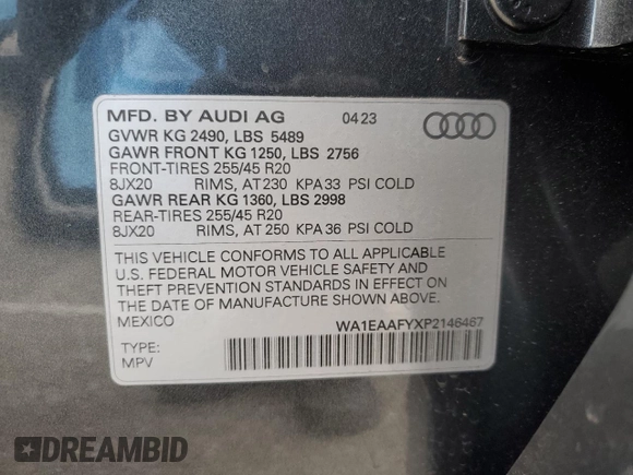 2023 Audi Q5 S line Premium Plus с VIN WA1EAAFYXP2146467, выставлен на аукционе Copart как лот 54242045 с пробегом Не указан миль и Списание • Salvage title. История ставок и продаж доступна на DreamBid. Изображение 14.