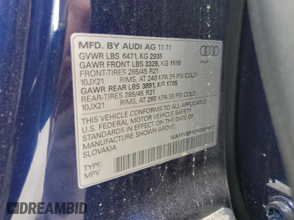 2022 Audi Q8 Prestige with VIN WA1FVBF12ND009672, listed as a Copart auction lot 71122534 with 21,986 mi miles and Salvage Title. Bid and sale history available at carsss.com. Image 15.