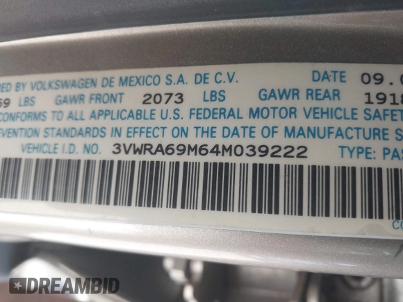2004 Volkswagen Jetta GL z VIN 3VWRA69M64M039222, wystawiony jako IAAI lot #42262445 z przebiegiem 100 200 mil mil oraz . Historia ofert i sprzedaży dostępna na DreamBid. Obrazek 9.