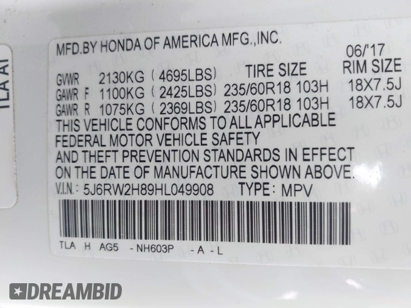 2017 Honda CR-V EX-L with VIN 5J6RW2H89HL049908, listed as a IAAI auction lot 41904797 with 89,365 mi miles and . Bid and sale history available at carsss.com. Image 9.