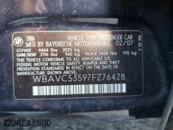 2007 BMW 3 Series 328i with VIN WBAVC53597FZ76428, listed as a Copart auction lot 47810725 with 138,250 mi miles and Salvage Title. Bid and sale history available at carsss.com. Image 13.