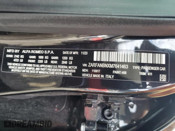 2021 Alfa Romeo Giulia Ti with VIN ZARFANBNXM7641463, listed as a Copart auction lot 42872425 with 47,471 mi miles and Salvage title. Bid and sale history available at DreamBid. Image 14.