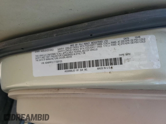 2007 Subaru Legacy Outback with VIN 4S4BP61C777320123, listed as a Copart auction lot 60480895 with 141,549 mi miles and Salvage title. Bid and sale history available at DreamBid. Image 12.