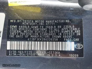 2011 Toyota Camry LE with VIN 4T1BF3EK2BU226258, listed as a IAAI auction lot 41620360 with 189,663 mi miles. Bid and sale history available at carsss.com. Image 9.
