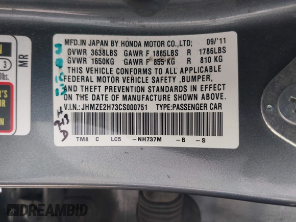 2012 Honda Insight EX z VIN JHMZE2H73CS000751, wystawiony jako IAAI lot #41687288 z przebiegiem 181 593 mil mil oraz . Historia ofert i sprzedaży dostępna na DreamBid. Obrazek 9.