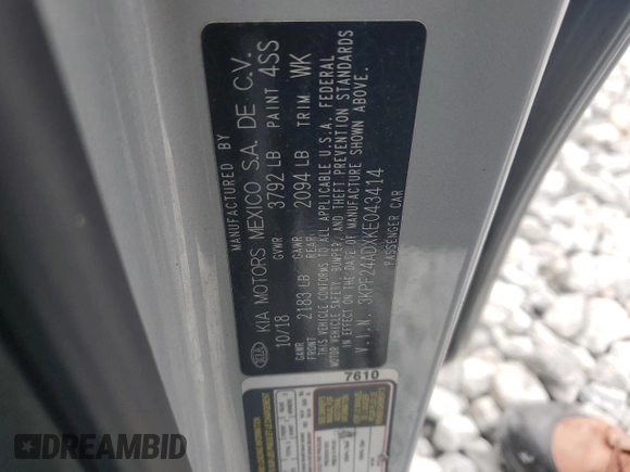 2019 Kia Forte LXS with VIN 3KPF24ADXKE043414, listed as a Copart auction lot 52941405 with 85,983 mi miles and Salvage Title. Bid and sale history available at DreamBid. Image 14.