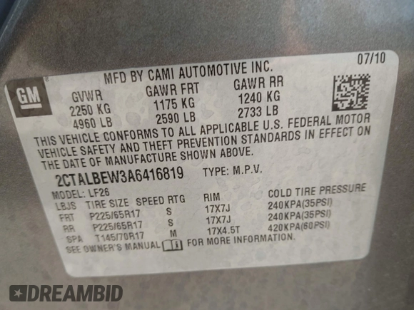 2010 GMC Terrain SLE-1 с VIN 2CTALBEW3A6416819, выставлен на аукционе IAAI как лот 42655111 с пробегом 144 614 миль миль и . История ставок и продаж доступна на DreamBid. Изображение 9.
