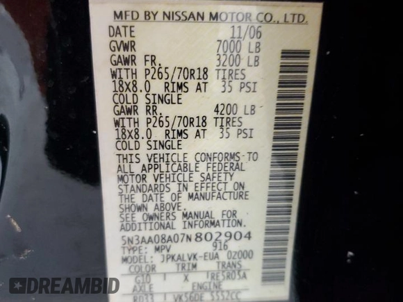 2007 Infiniti QX56 z VIN 5N3AA08A07N802904, wystawiony jako Copart lot #52902755 z przebiegiem 148 215 mil mil oraz Szkoda całkowita • Salvage title. Historia ofert i sprzedaży dostępna na DreamBid. Obrazek 13.