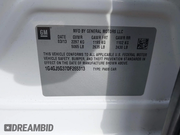 2013 Buick LaCrosse Touring with VIN 1G4GJ5G37DF265313, listed as a IAAI auction lot 41700096 with 173,934 mi miles and . Bid and sale history available at DreamBid. Image 9.
