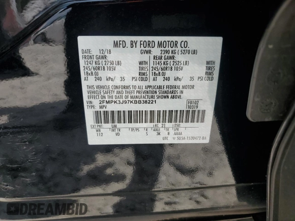 2019 Ford Edge SEL with VIN 2FMPK3J97KBB38221, listed as a Copart auction lot 63389305 with 96,269 mi miles and Salvage title. Bid and sale history available at DreamBid. Image 13.