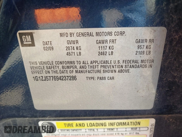 2009 Chevrolet Malibu 2LT with VIN 1G1ZJ577694237286, listed as a IAAI auction lot 42009638 with 209,574 mi miles and . Bid and sale history available at DreamBid. Image 9.
