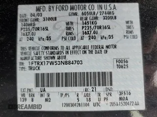 2003 Ford F-150 XL z VIN 1FTRX17W53NB84703, wystawiony jako Copart lot #51608895 z przebiegiem 291 806 mil mil oraz Szkoda całkowita • Salvage title. Historia ofert i sprzedaży dostępna na DreamBid. Obrazek 12.