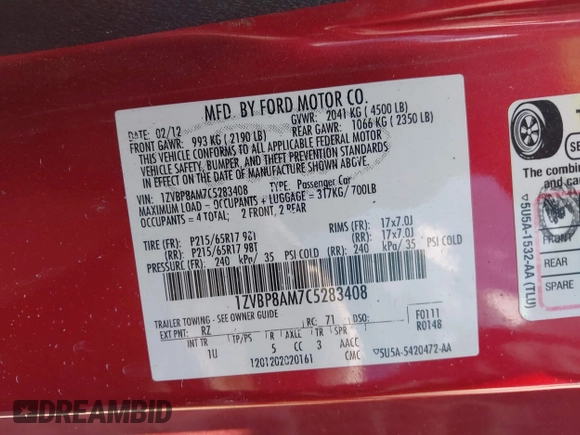 2012 Ford Mustang Premium with VIN 1ZVBP8AM7C5283408, listed as a IAAI auction lot 42547151 with 181,318 mi miles and . Bid and sale history available at DreamBid. Image 9.