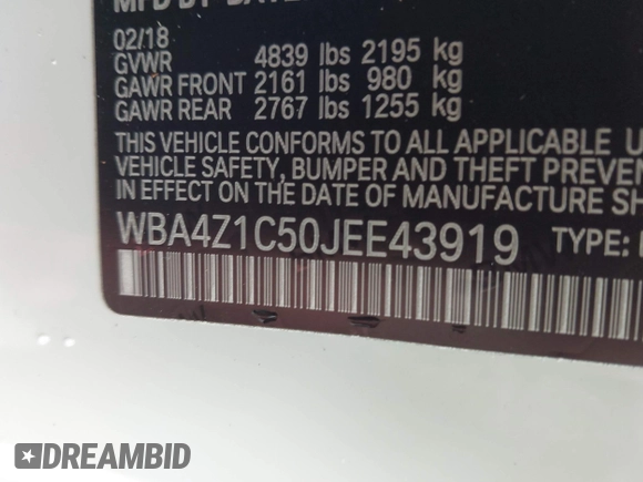 2018 BMW 4 Series 430i with VIN WBA4Z1C50JEE43919, listed as a IAAI auction lot 42645287 with 36,206 mi miles and . Bid and sale history available at DreamBid. Image 9.