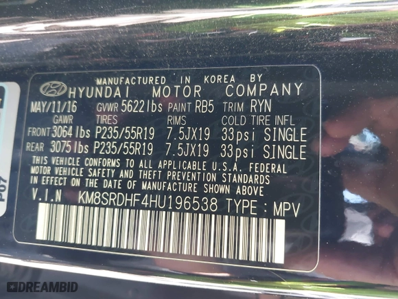 2017 Hyundai Santa Fe Limited Ultimate with VIN KM8SRDHF4HU196538, listed as a IAAI auction lot 41957724 with 115,305 mi miles. Bid and sale history available at carsss.com. Image 9.