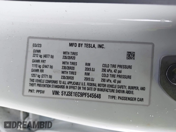 2023 Tesla Model 3 Performance z VIN 5YJ3E1EC9PF545648, wystawiony jako IAAI lot #41573583 z przebiegiem 15 207 mil mil oraz . Historia ofert i sprzedaży dostępna na DreamBid. Obrazek 9.