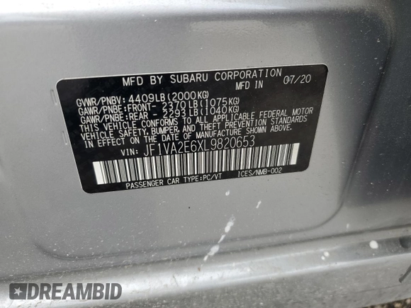 2020 Subaru WRX STI with VIN JF1VA2E6XL9820653, listed as a Copart auction lot 46709145 with 13,134 mi miles and Salvage Title. Bid and sale history available at carsss.com. Image 13.