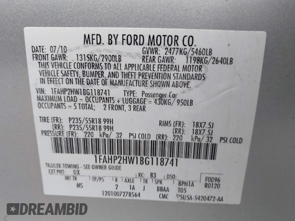 2011 Ford Taurus SEL z VIN 1FAHP2HW1BG118741, wystawiony jako IAAI lot #41988699 z przebiegiem Nie podano mil oraz . Historia ofert i sprzedaży dostępna na DreamBid. Obrazek 9.