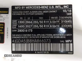 2017 Mercedes-Benz GLE 350 with VIN 4JGDA5JB8HA866073, listed as a IAAI auction lot 42394019 with 159,034 mi miles and . Bid and sale history available at DreamBid. Image 9.