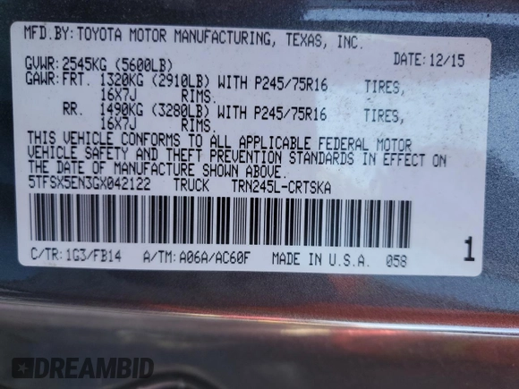 2016 Toyota Tacoma SR z VIN 5TFSX5EN3GX042122, wystawiony jako Copart lot #55433575 z przebiegiem 57 374 mil mil oraz Szkoda całkowita • Salvage title. Historia ofert i sprzedaży dostępna na DreamBid. Obrazek 13.