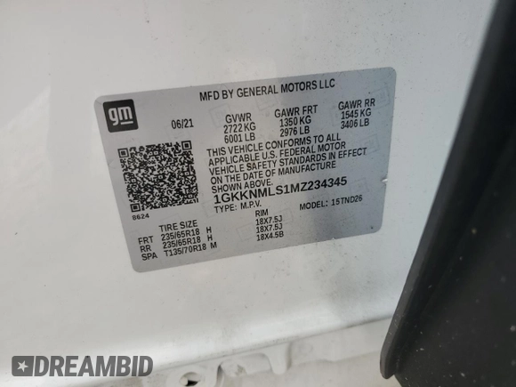 2021 GMC Acadia SLT with VIN 1GKKNMLS1MZ234345, listed as a Copart auction lot 50780855 with 42,687 mi miles and Salvage title. Bid and sale history available at DreamBid. Image 14.