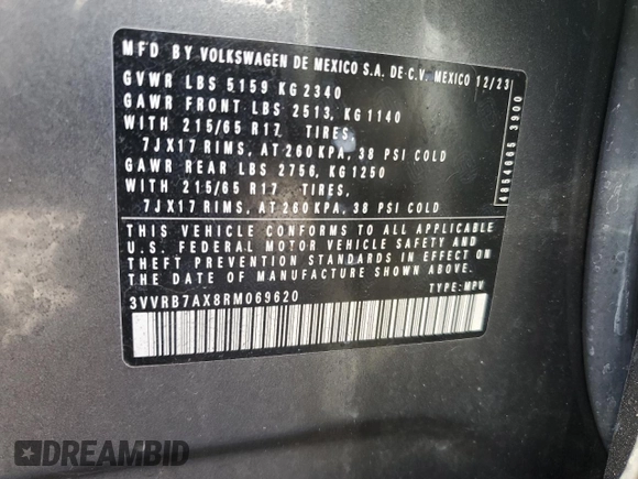 2024 Volkswagen Tiguan S z VIN 3VVRB7AX8RM069620, wystawiony jako Copart lot #56954215 z przebiegiem 22 079 mil mil oraz Szkoda całkowita • Salvage title. Historia ofert i sprzedaży dostępna na DreamBid. Obrazek 13.