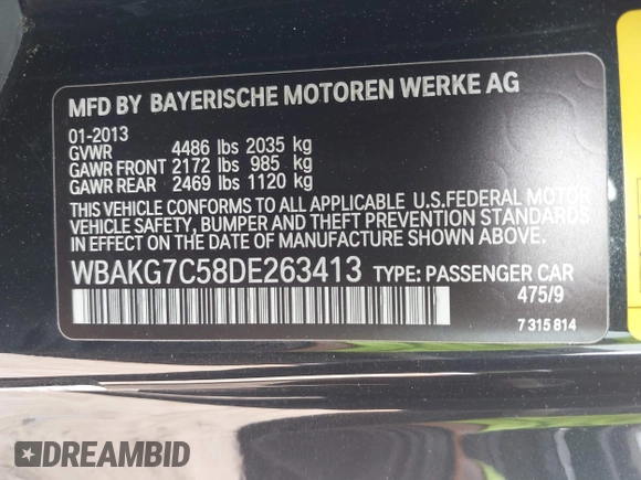 2013 BMW 3 Series 335i with VIN WBAKG7C58DE263413, listed as a IAAI auction lot 41980840 with 60,497 mi miles and . Bid and sale history available at DreamBid. Image 9.