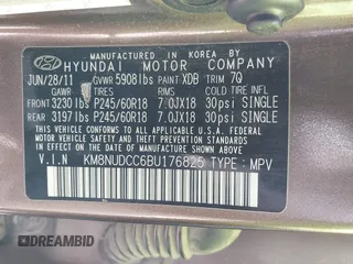 2011 Hyundai Veracruz GLS with VIN KM8NUDCC6BU176825, listed as a IAAI auction lot 41616493 with 174,006 mi miles and . Bid and sale history available at DreamBid. Image 9.