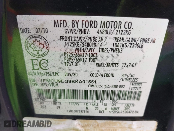 2011 Ford Escape Limited with VIN 1FMCU9EG9BKA01551, listed as a IAAI auction lot 41960535 with 220,870 mi miles and . Bid and sale history available at DreamBid. Image 9.