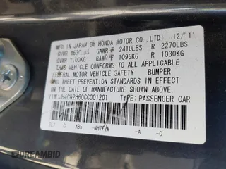2012 Acura TSX Technology with VIN JH4CW2H60CC001201, listed as a IAAI auction lot 42677340 with 165,144 mi miles and . Bid and sale history available at DreamBid. Image 9.