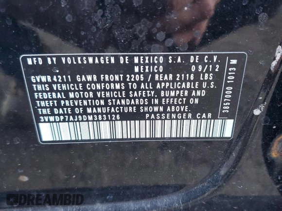 2013 Volkswagen Jetta SE z VIN 3VWDP7AJ9DM383126, wystawiony jako Copart lot #46524325 z przebiegiem 129 488 mil mil oraz Szkoda całkowita • Salvage title. Historia ofert i sprzedaży dostępna na DreamBid. Obrazek 13.