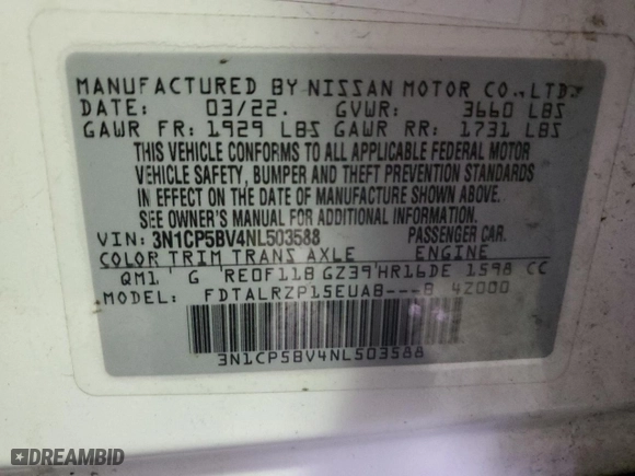 2022 Nissan Kicks S with VIN 3N1CP5BV4NL503588, listed as a Copart auction lot 52724745 with 115,665 mi miles and Clean Title. Bid and sale history available at carsss.com. Image 13.