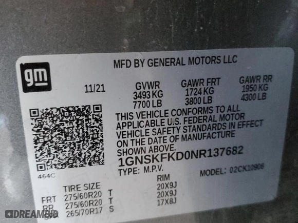 2022 Chevrolet Suburban Premier with VIN 1GNSKFKD0NR137682, listed as a Copart auction lot 42317075 with 51,164 mi miles and Clean Title. Bid and sale history available at carsss.com. Image 13.