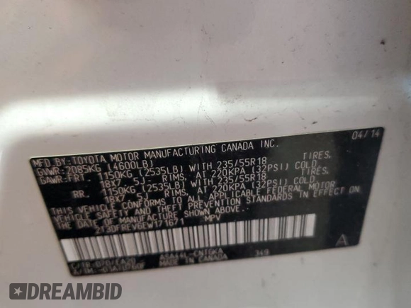 2014 Toyota RAV4 Limited with VIN 2T3DFREV6EW171671, listed as a Copart auction lot 63530625 with 66,229 mi miles and Salvage title. Bid and sale history available at DreamBid. Image 13.
